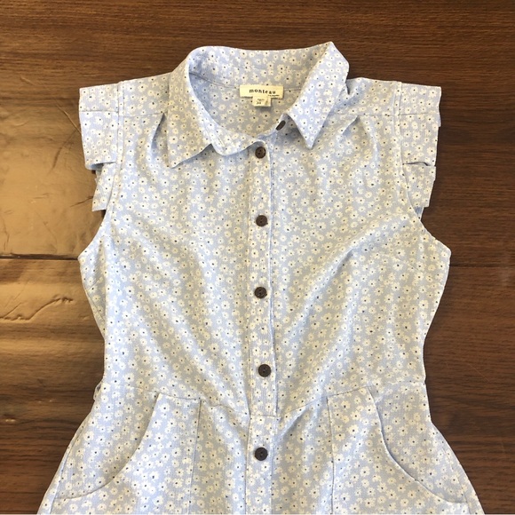 MONTEAU Women Blue/White Floral Print Cap Sleeve Button Up Midi Dress Sz M - Picture 6 of 14